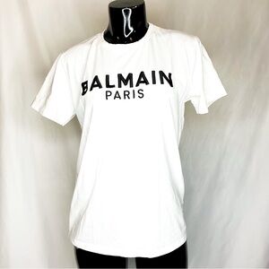Balmain Paris Logo White Cotton Designer T Shirt Women's Small